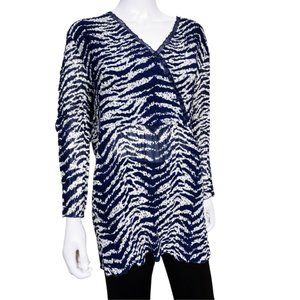 Coldwater Creek Crepe Top Blue & White V-Neck Long Sleeve Women's Size Large